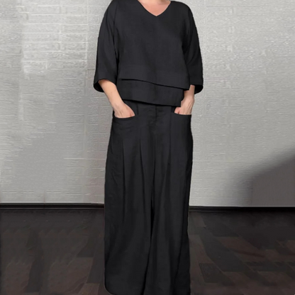 Liza - 2-Piece Cotton and Canvas Set - V-Neck Top and Wide-Leg Pants