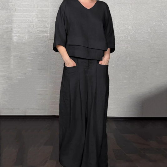 Liza - 2-Piece Cotton and Canvas Set - V-Neck Top and Wide-Leg Pants