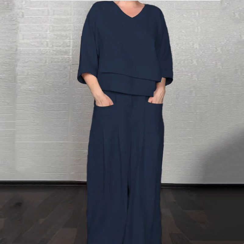 Liza - 2-Piece Cotton and Canvas Set - V-Neck Top and Wide-Leg Pants