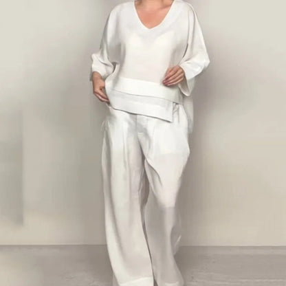 Liza - 2-Piece Cotton and Canvas Set - V-Neck Top and Wide-Leg Pants