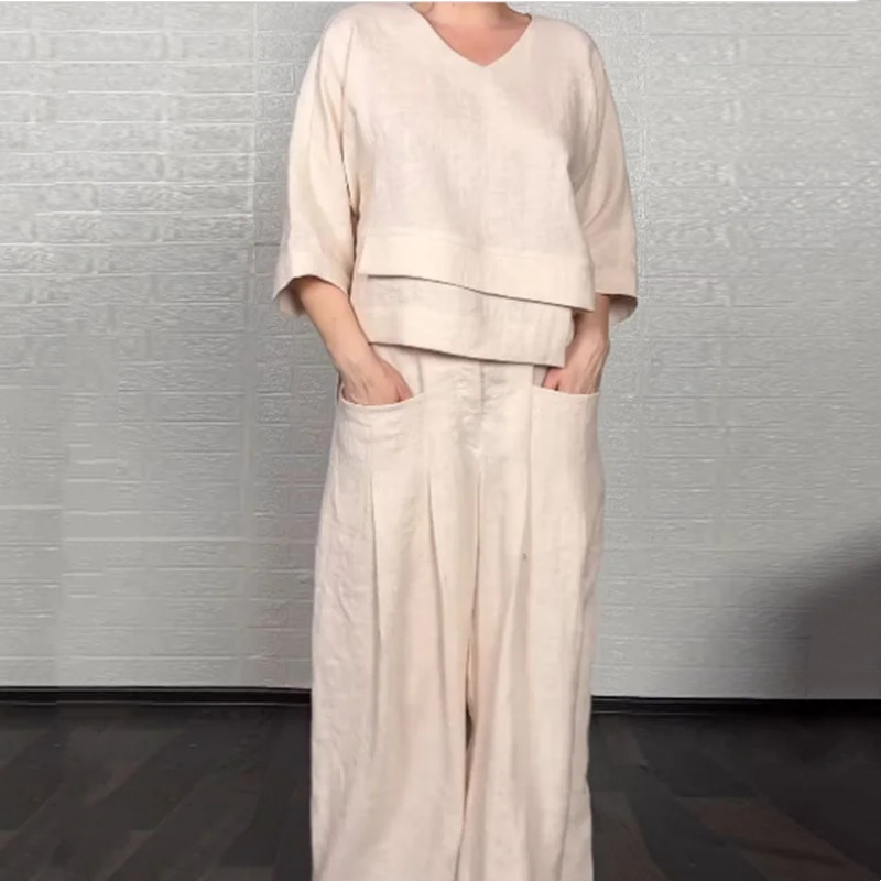 Liza - 2-Piece Cotton and Canvas Set - V-Neck Top and Wide-Leg Pants