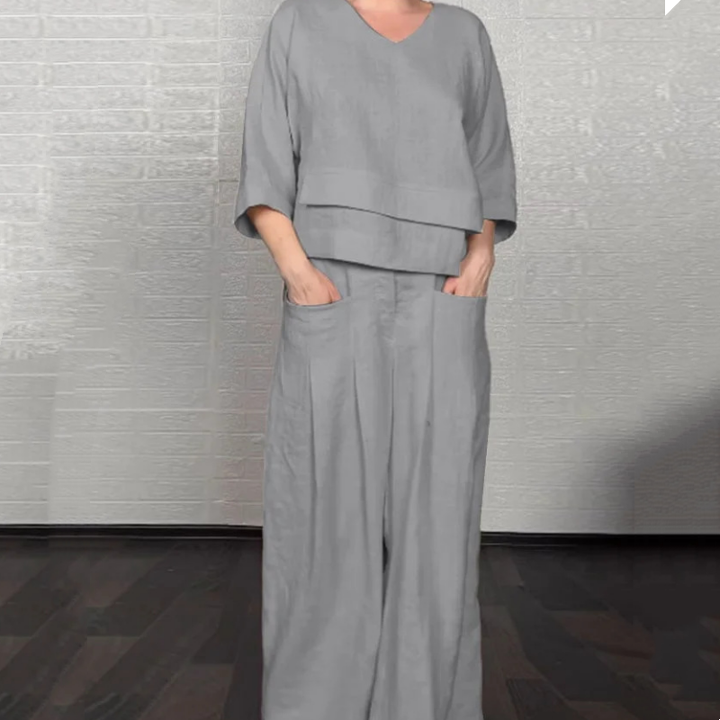 Liza - 2-Piece Cotton and Canvas Set - V-Neck Top and Wide-Leg Pants
