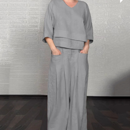 Liza - 2-Piece Cotton and Canvas Set - V-Neck Top and Wide-Leg Pants