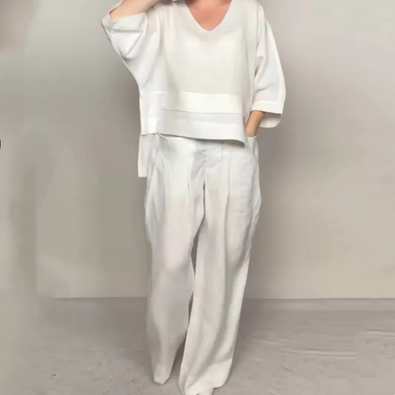Liza - 2-Piece Cotton and Canvas Set - V-Neck Top and Wide-Leg Pants