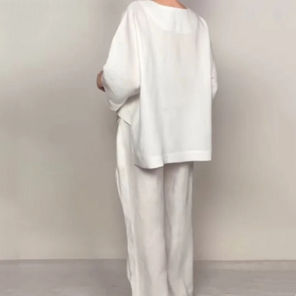 Liza - 2-Piece Cotton and Canvas Set - V-Neck Top and Wide-Leg Pants