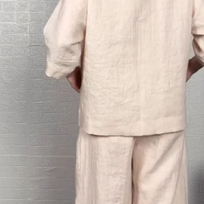 Liza - 2-Piece Cotton and Canvas Set - V-Neck Top and Wide-Leg Pants