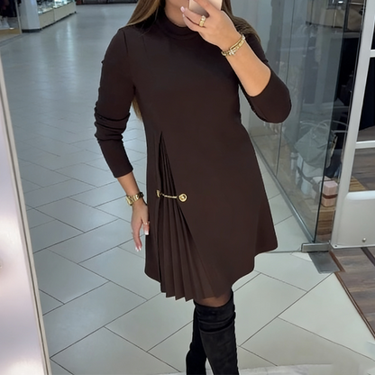 Refined A-line Dress with Pleat Detail and Gold Chain