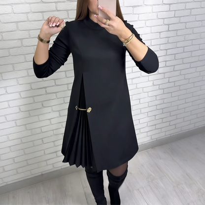 Refined A-line Dress with Pleat Detail and Gold Chain