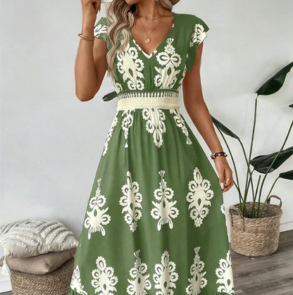 Celeste | Baroque Print Maxi Dress with V-Neck and Smocked Waist