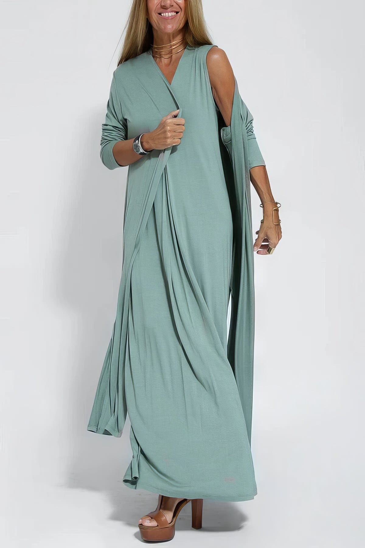 ELISE | Elegant Long Dress with Matching Cardigan Free